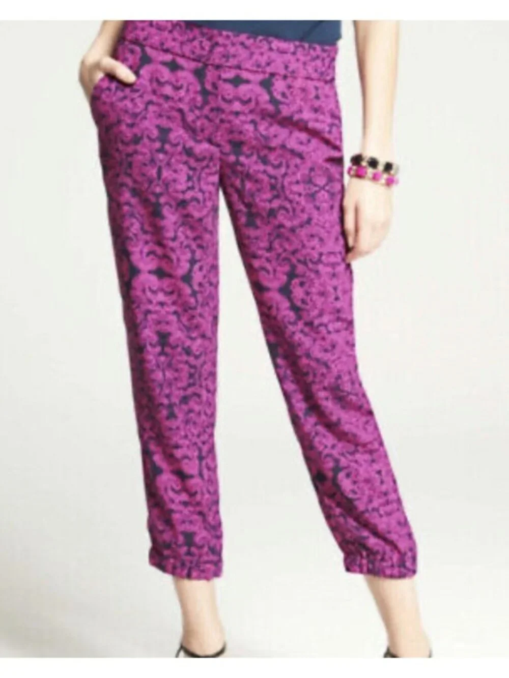 Ann Taylor Paisley Terrace Chiffon Jogger Womens 0 Pink Ankle Cuffed New